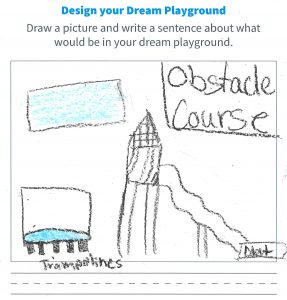 Crayon drawing of a what a child would like to see implemented at a local neighborhood park as part of a planning process.