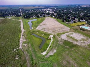 aerial image of award-winning stormwater detention basins in the community of Sumner, Iowa.