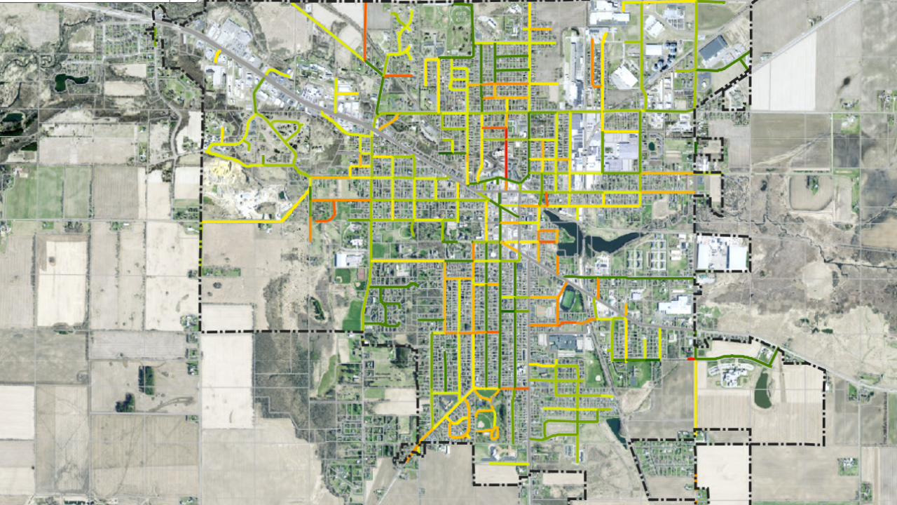 Image of an ArcGIS map for the community of Ripon, Wisconsin, where GIS is assisting with the inventory of roadway conditions for state compliance.