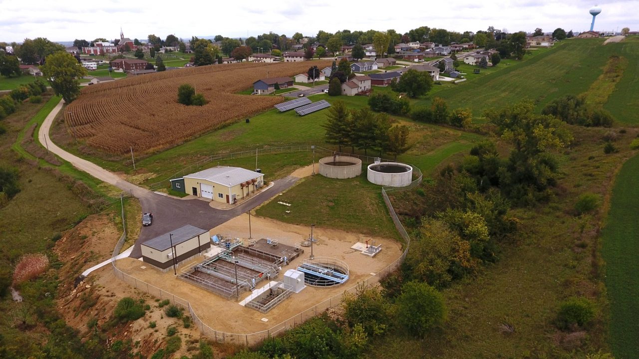 Aerial photograph of a new wastewater treatment facility in the Village of Dickeyville Wisconsin to boost capacity, upgrade infrastructure and meet permit limits for phosphorus.