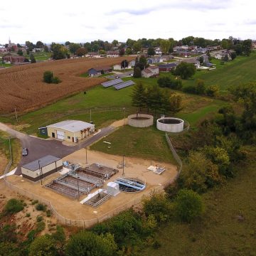Aerial photograph of a new wastewater treatment facility in the Village of Dickeyville Wisconsin to boost capacity, upgrade infrastructure and meet permit limits for phosphorus.