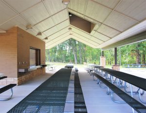 Photograph of the inside of a new contemporary park pavilion and kitchenette for community events at the new Forest Park in West Baraboo Wisconsin. 
