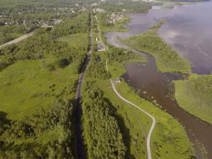 Aerial photograph before construction of a new residential and commercial development along the St. Louis River in West Duluth, Minnesota.