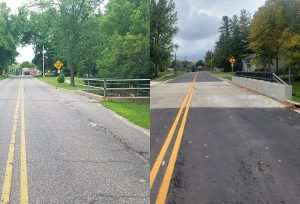 Side-by-side before and after images of the 94-year-old bridge in the Village of Westfield, Wisconsin, and it's new safer replacement structure. 