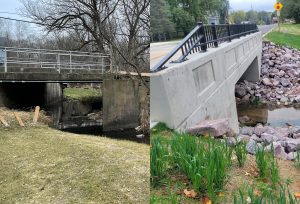 Side-by-side before and after images of the 94-year-old bridge in the Village of Westfield, Wisconsin, and it's new safer replacement structure. 